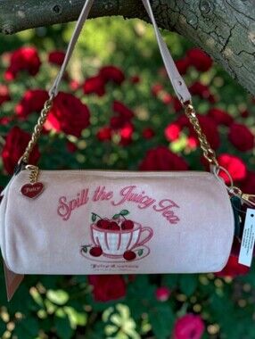 NWT Juicy Couture Spill The Juicy Tea Pink Velour Barrel Shoulder Bag Cherry Pom